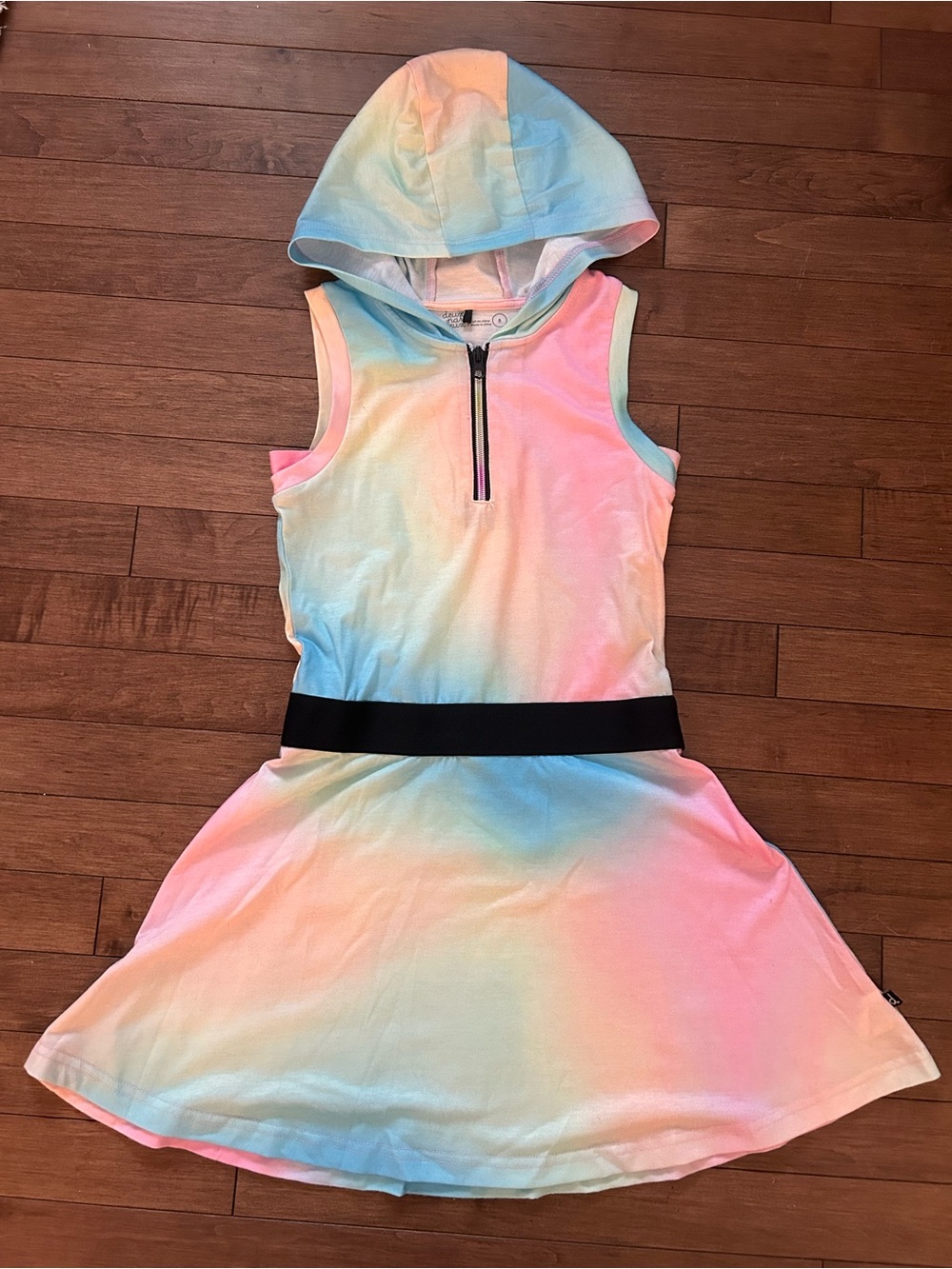 deux par deux Pastel Rainbow Sleeveless Hoodie Dress with Black Waistband